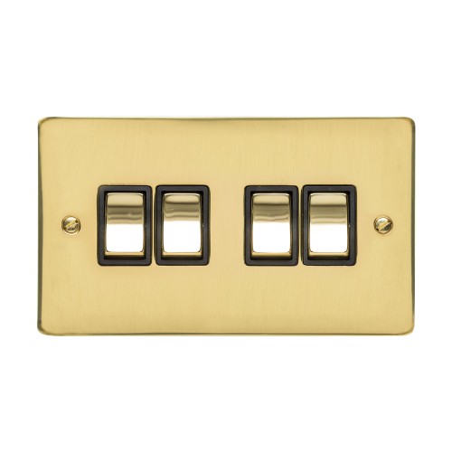 4 Gang 2 Way 10A Rocker Switch in Polished Brass Plate and Switch with Black Plastic Trim, Elite Flat Plate