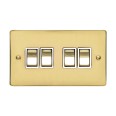 4 Gang 2 Way 10A Rocker Switch in Polished Brass Plate and Switch with White Plastic Trim, Elite Flat Plate