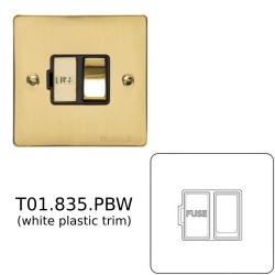 13A Switched Fused Spur in Polished Brass Plate and Switch with White Plastic Trim, Elite Flat Plate
