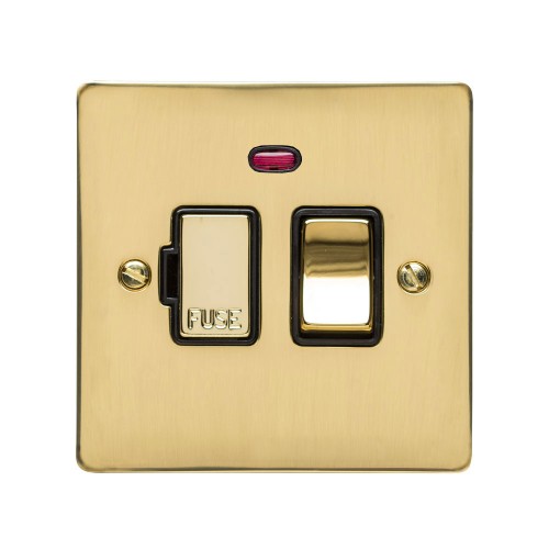 13A Switched Fused Spur with Neon in Polished Brass Plate and Switch with Black Plastic Trim, Elite Flat Plate