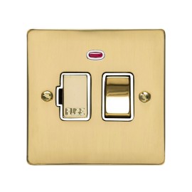 13A Switched Fused Spur with Neon in Polished Brass Plate and Switch with White Plastic Trim, Elite Flat Plate