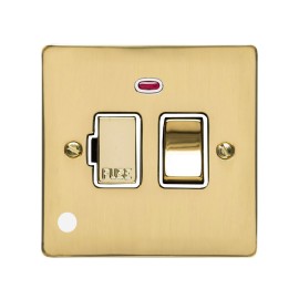 13A Switched Fused Spur with Neon and Cord Polished Brass Plate and Switch with White Plastic Insert, Elite Flat Plate