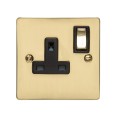 1 Gang 13A Switched Single Socket in Polished Brass Plate and Switch with Black Plastic Trim, Elite Flat Plate