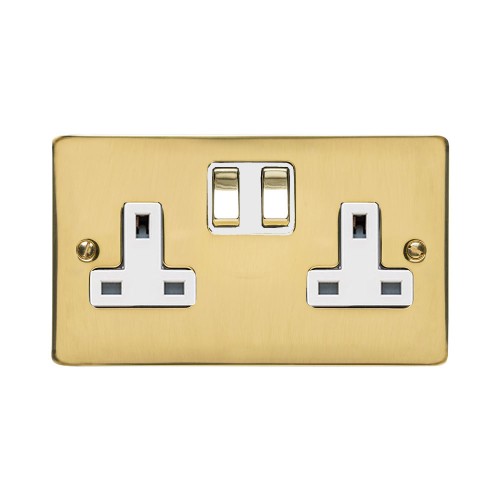 2 Gang 13A Switched Double Socket in Polished Brass Flat Plate and White Plastic Trim, Elite Flat Plate