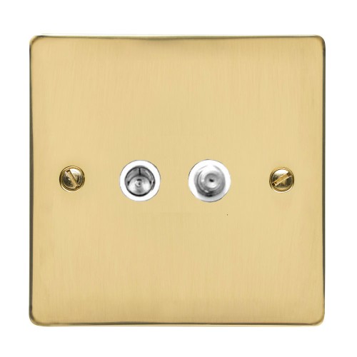 1 Gang Satellite/TV Socket in Polished Brass Flat Plate with White Trim, Elite Flat Plate