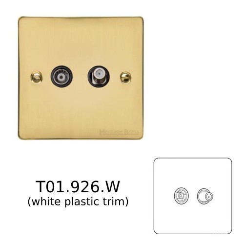 1 Gang Satellite/TV Socket in Polished Brass Flat Plate with White Trim, Elite Flat Plate