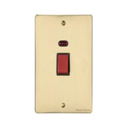 45A Red Rocker Cooker Switch with Neon (twin plate) in Polished Brass Flat Plate with Black Trim Elite Flat Plate