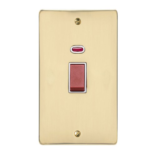 45A Red Rocker Cooker Switch with Neon Indicator (twin plate) in Polished Brass Flat Plate with White Trim