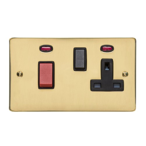 45A Cooker Unit (red rocker) with 13A Socket and Neon Indicators in Polished Brass with Black Trim, Elite Flat Plate