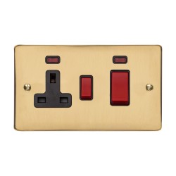 45A Cooker Unit (red rocker) with 13A Socket and Neon Indicators in Polished Brass with Black Trim, Elite Flat Plate