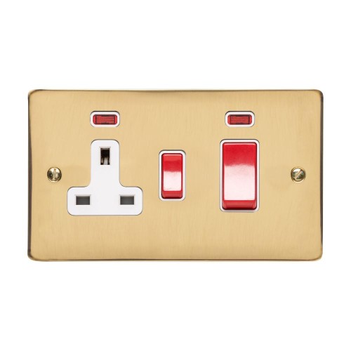 45A Cooker Unit (red rocker) with 13A Socket and Neon Indicators in Polished Brass with White Trim, Elite Flat Plate