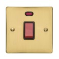 45A Red Rocker Cooker Switch (Single Plate) with Neon in Polished Brass with Black Trim, Elite Flat Plate
