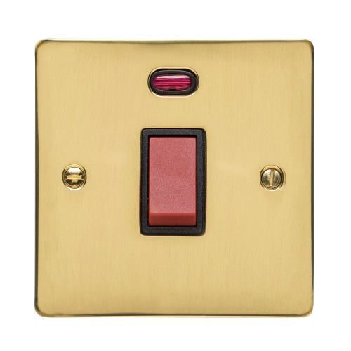 45A Red Rocker Cooker Switch (Single Plate) with Neon in Polished Brass with Black Trim, Elite Flat Plate
