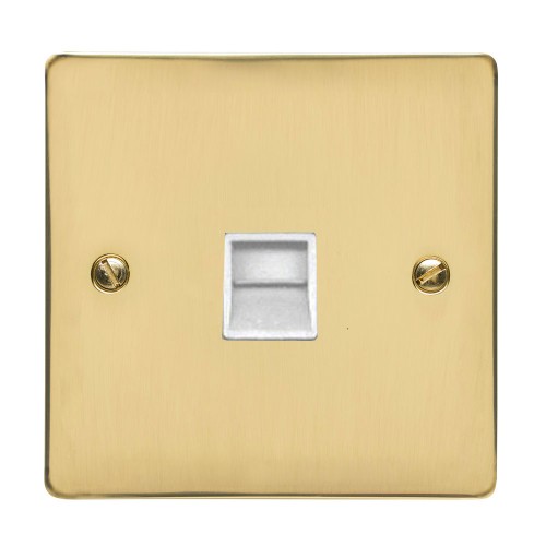 1 Gang Master Line Telephone Socket in Polished Brass Flat Plate with White Trim, Elite Flat Plate