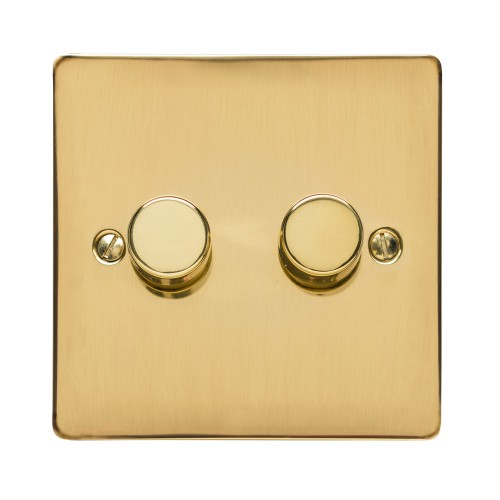2 Gang 2 Way Trailing Edge LED Dimmer 10-120W Polished Brass Plate and Knob, Elite Flat Plate