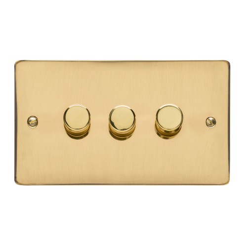 3 Gang 2 Way Trailing Edge LED Dimmer 10-120W Polished Brass Plate and Knob, Elite Flat Plate