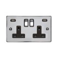 2 Gang 13A Socket with 2 USB Sockets Polished Chrome Elite Flat Plate and Rocker and Black Plastic Insert
