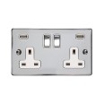 2 Gang 13A Socket with 2 USB Sockets Polished Chrome Elite Flat Plate and Rocker and White Plastic Insert