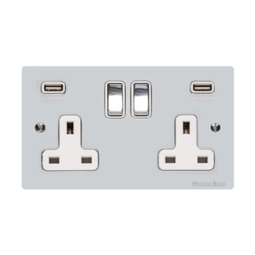 2 Gang 13A Socket with 2 USB Type A Sockets Polished Chrome Elite Flat Plate and Rocker and White Plastic Insert