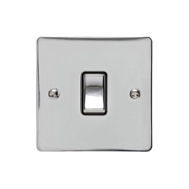 1 Gang 2 Way 10A Rocker Switch in Polished Chrome Plate and Switch with Black Plastic Trim, Elite Flat Plate