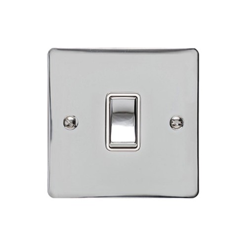 1 Gang 2 Way 10A Rocker Switch in Polished Chrome Plate and Switch with White Plastic Trim, Elite Flat Plate