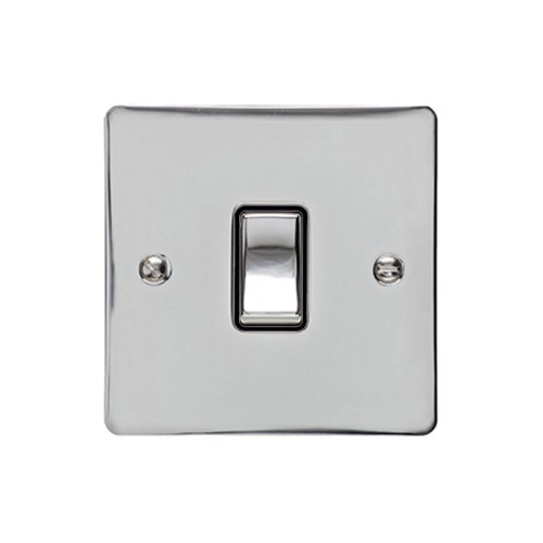 1 Gang 20A Double Pole Rocker Switch in Polished Chrome Plate and Switch with Black Trim, Elite Flat Plate