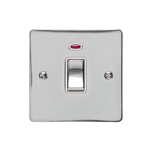 1 Gang 20A Double Pole Switch with Neon in Polished Chrome Plate and Switch with White Trim, Elite Flat Plate