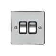 2 Gang 2 Way 10A Rocker Switch in Polished Chrome Plate and Switch with Black Plastic Trim, Elite Flat Plate