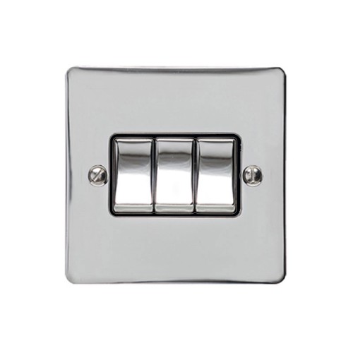3 Gang 2 Way 10A Rocker Switch in Polished Chrome Plate and Switch with Black Plastic Trim, Elite Flat Plate