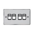 4 Gang 2 Way 10A Rocker Switch in Polished Chrome Plate and Switch with Black Plastic Trim, Elite Flat Plate