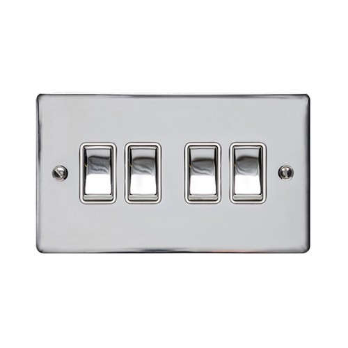 4 Gang 2 Way 10A Rocker Switch in Polished Chrome Plate and Switch with White Plastic Trim, Elite Flat Plate