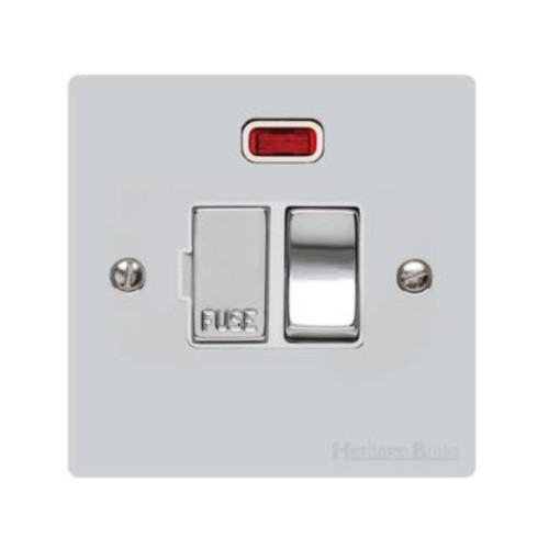 13A Switched Fused Spur with Neon in Polished Chrome Plate and Switch with White Plastic Trim, Elite Flat Plate