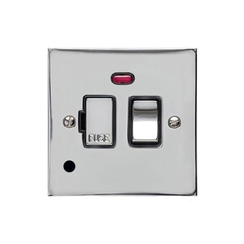 13A Switched Fused Spur with Neon and Cord in Polished Chrome Plate and Switch with Black Plastic Insert, Elite Flat Plate