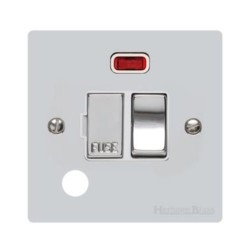 13A Switched Fused Spur with Neon and Cord in Polished Chrome Plate and Switch with White Plastic Insert, Elite Flat Plate