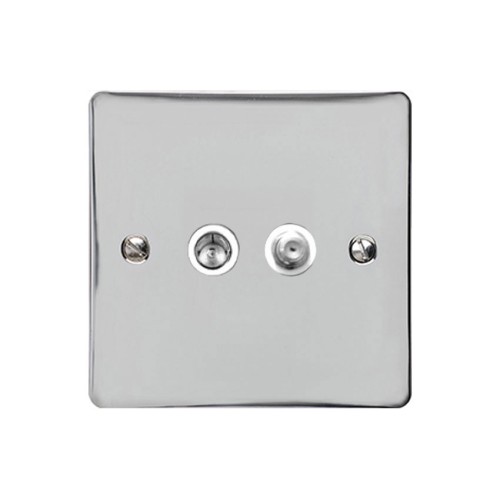 Satellite/TV Socket in Polished Chrome Flat Plate with White Plastic Trim, Elite Flat Plate