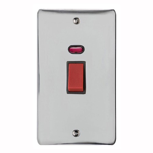 45A Red Rocker Cooker Switch with Neon Flat Plate (twin plate) in Polished Chrome with Black Trim, Elite Flat Plate
