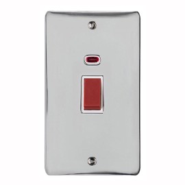 45A Red Rocker Cooker Switch with Neon Flat Plate (twin plate) in Polished Chrome with White Trim, Elite Flat Plate