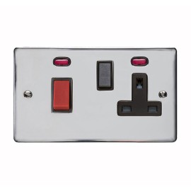 45A Cooker Unit with 13A Socket and Neon Indicators Polished Chrome with Black Trim, Elite Flat Plate