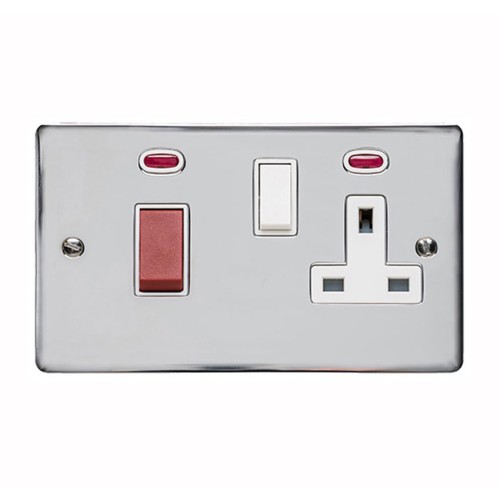 45A Cooker Unit with 13A Socket with Neon Indicators Polished Chrome with White Trim, Elite Flat Plate