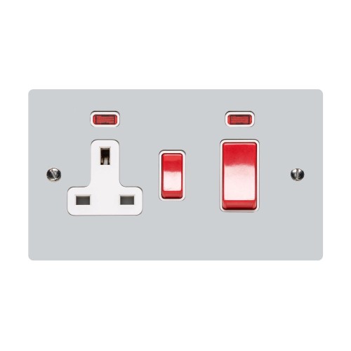 45A Cooker Unit with 13A Socket with Neon Indicators Polished Chrome with White Trim, Elite Flat Plate