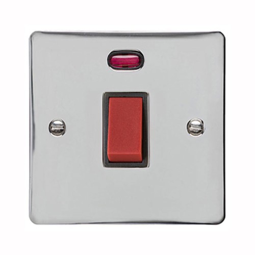 1 Gang 45A Red Rocker Cooker Switch (Single Plate) with Neon in Polished Chrome with Black Trim, Elite Flat Plate