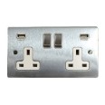 2 Gang 13A Socket with 2 USB Sockets Satin Chrome Elite Flat Plate and Rocker with White Plastic Insert