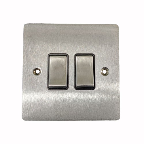 2 Gang 2 Way 10A Rocker Switch in Satin Chrome Plate and Switch with Black Plastic Trim, Elite Flat Plate