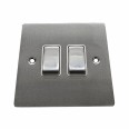 2 Gang 2 Way 10A Rocker Switch in Satin Chrome Plate and Switch with White Plastic Trim, Elite Flat Plate