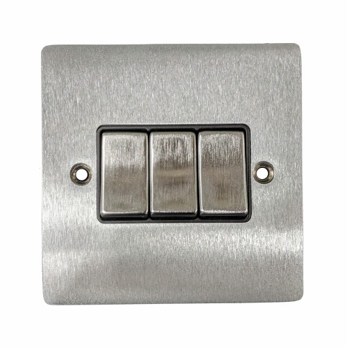 3 Gang 2 Way 10A Rocker Switch in Satin Chrome Plate and Switch with Black Plastic Trim, Elite Flat Plate