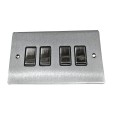4 Gang 2 Way 10A Rocker Switch in Satin Chrome Plate and Switch with Black Plastic Trim, Elite Flat Plate