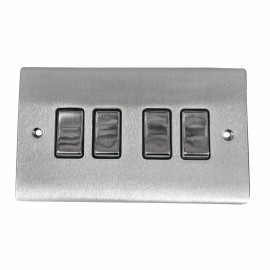 4 Gang 2 Way 10A Rocker Switch in Satin Chrome Plate and Switch with Black Plastic Trim, Elite Flat Plate