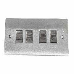 4 Gang 2 Way 10A Rocker Switch in Satin Chrome Plate and Switch with White Plastic Trim, Elite Flat Plate