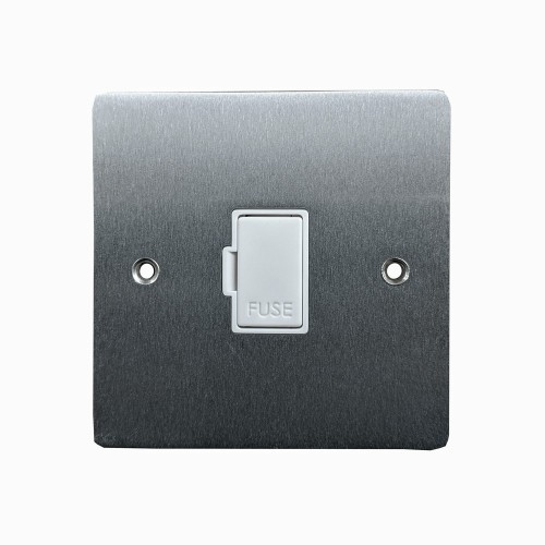 1 Gang 13A Unswitched Fused Spur in Satin Chrome Flat Plate with White Plastic Trim, Elite Flat Plate