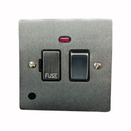 13A Switched Fused Spur with Neon and Cord in Satin Chrome Plate and Switch with Black Plastic Insert, Elite Flat Plate